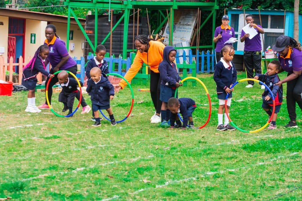 Children and teachers together at the school sports day